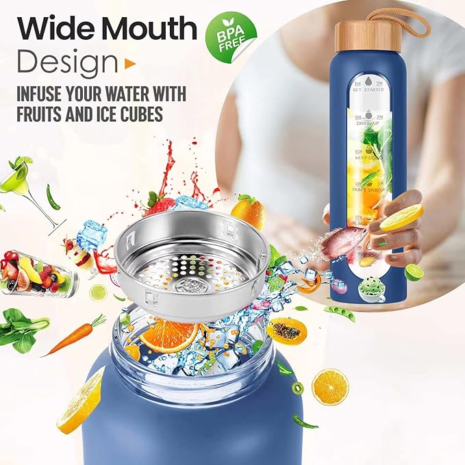 Aqulea Glass Water Bottles 25 Oz with Silicone Sleeve - BPA Free Reusable Wide Mouth Glass Motivational Water Bottles with Fruit Infuser – Leak Proof Borosilicate Water Bottle with Time Marker (Blue)