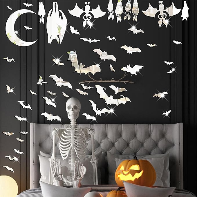Easma Halloween Bats Wall Stickers 3D Scary Bats Decor for Door Decals Haunted House Party Decorations Silver Removable Halloween Wall Decal Peel and Stick for Kids Baby Bedroom Bathroom Playroom