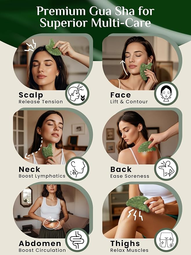Rena Chris Body Gua Sha Tools, Natural Xiuyan Jade GuaSha Tool, Manual Massage Sticks for Jawline Sculpting and Puffiness Reducing, Whole Body Skin Care Massager (Green)