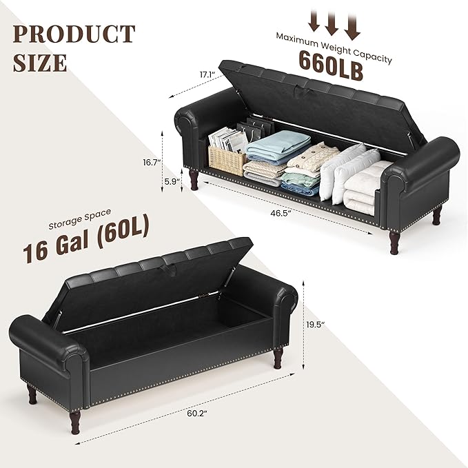 60" Storage Ottoman Bench for Bedroom, Full Queen Storage Bench with Button, Upholstered Bedroom Bench with Rolled Arms for Living Room, Storage Room, Entryway, Black