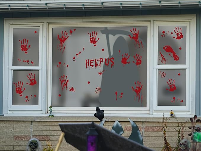 Halloween Window Clings Decorations, Bloody Handprint and Footprint Stickers, Scary Halloween Party Decor for Windows and Cars, Indoor/Outdoor Use - 12 Sheets