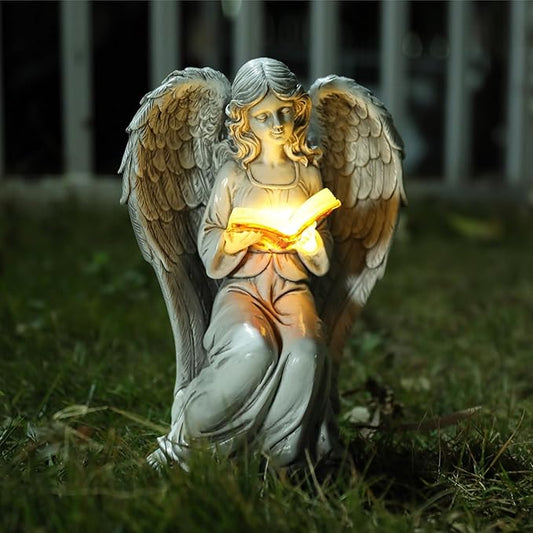 Angel Statue Outdoor Decor, Elegant Angel Garden Statues Reading Book with Solar LED Lights Yard Decorations Lawn Ornaments Figurines Resin Sculpture for Outside, Angel Gardening Gifts