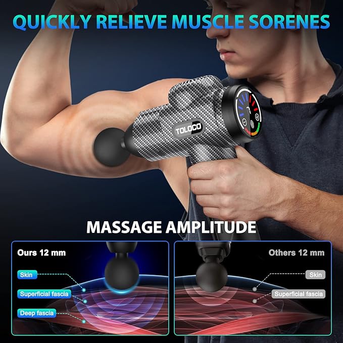 TOLOCO Massage Gun, Deep Tissue Back Massage for Athletes for Pain Relief, Percussion Massager with 10 Massages Heads & Silent Brushless Motor, Carbon