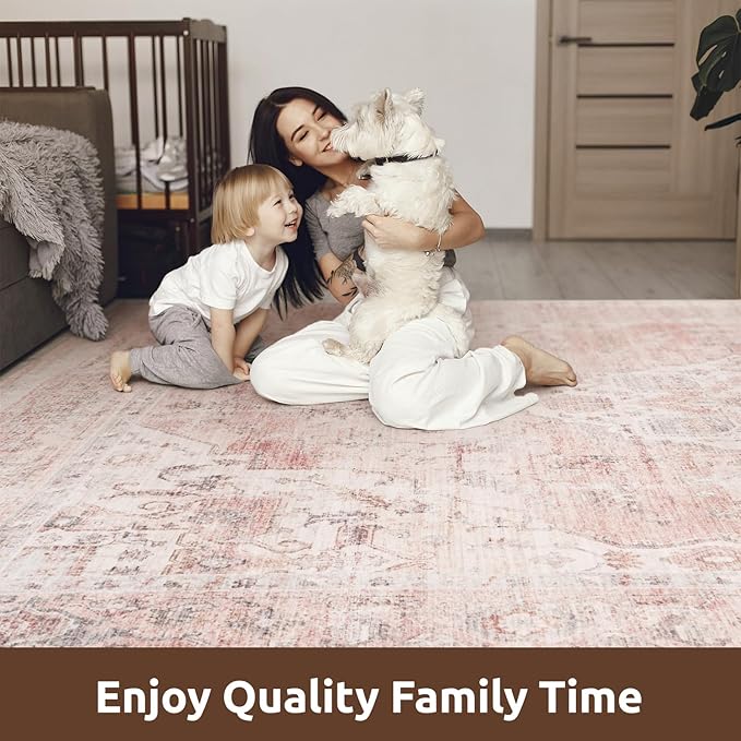 AMOAMI-Area Rug 5X7 Rugs for Living Room-Vintage Soft Pink Rugs for Bedroom-Non Slip Carpet-Machine Washable Rug for Dining Room Living Room Bedroom Office Under Table