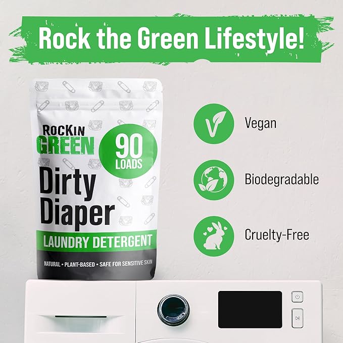 Rockin' Green Laundry Detergent, Plant based, All Natural Laundry Detergent Powder, Vegan and Biodegradable Odor Fighter, Safe for Sensitive Skin (Baby Cloth Diaper 90 Loads Unscented)