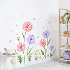 Dandelion Flower Butterfly Wall Decals Pink Purple Dandelion Plants Wall Stickers Peel and Stick Vinyl Wall Art Decor for Living Room Bedroom Office TV Sofa Backdrop Home Decor Gifts for Mom