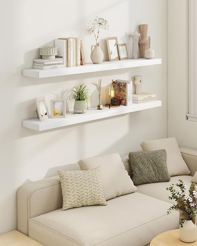 Marsmiles 30" Floating Shelves for Wall, Wooden Shelves with Invisible Brackets Set of 2, Rustic Farmhouse Wall Mounted Shelf for Kitchen Bathroom Living Room Study, White