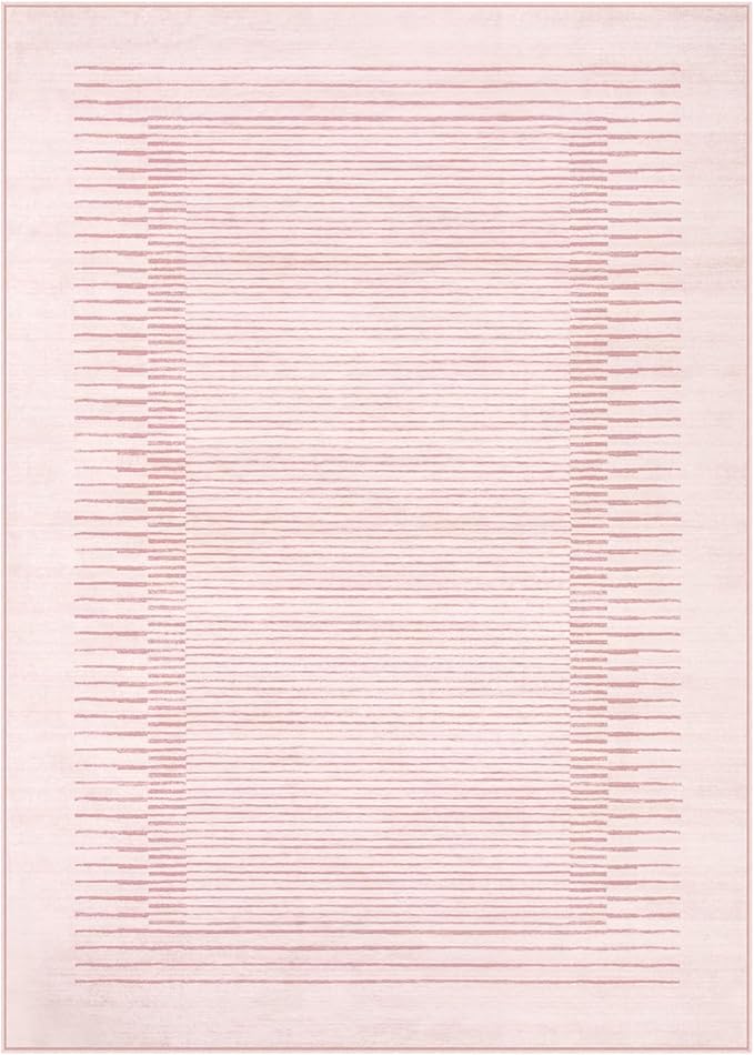 Wonnitar Washable Striped Living Room Area Rug 5x7, Non-Slip Berber Stripe Pink Area Rugs for Bedroom Girls, Low Pile Soft Large Throw Carpet for Kids Nursery Room (Pink,5' x 7')