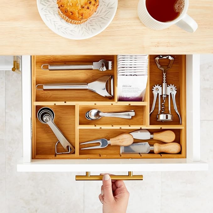 Juvale Drawer Organizer Tray - 14 x 10 x 2 In Brown Bamboo - 8 Adjustable Dividers for Custom Storage - Silverware & Utensil Organizer - Desk Drawer Divider - Versatile Wooden Divided Tray