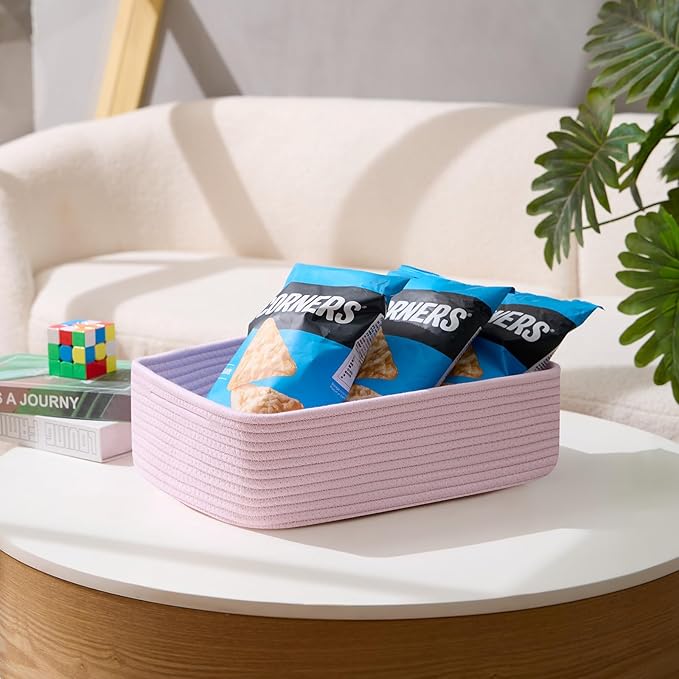 Large Shallow Organizing Baskets 15x11x5.1 Inches - Rope Woven Storage Bins for Bathroom, Shelves, Cube Closet, Light Pink 2 Packs