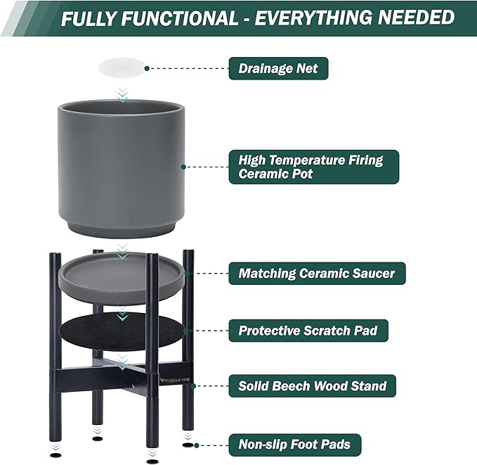 D'vine Dev Ceramic Planter with Ebony Stand - 12 Inch Modern Round Flower Pot with Wood Planter Holder, Grey, 55-B-H-3