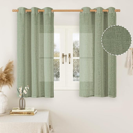 LAMIT Sage Green Linen Curtains 45 inches Length for Basement, Soft Thick Semi Sheer Light Filtering Bronze Grommet Window Treatments Decorative Drapes for Kitchen, 2 Panels Set, 34 x 45 Inch