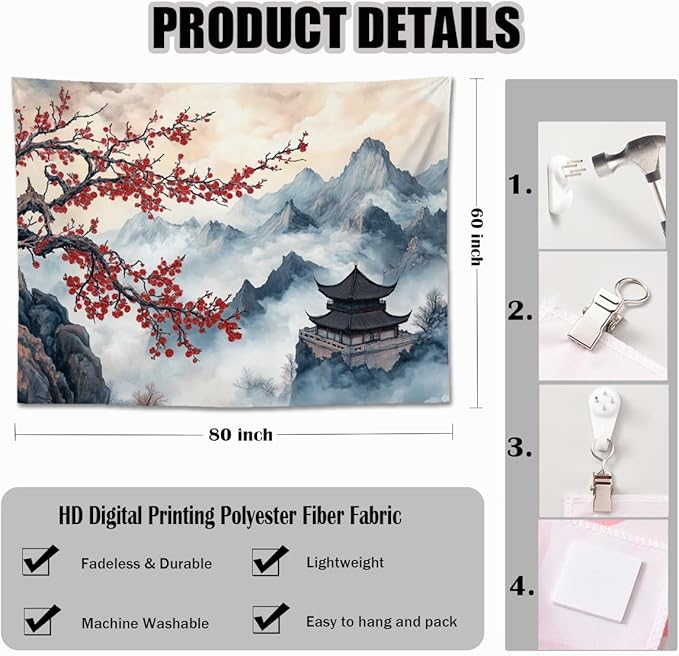 keowhsf Japanese Tapestry Aesthetic Wall Decor – Watercolor Ink Landscape with Red Plum Blossoms and Misty Mountains, Asian Art Hanging for Bedroom, Living Room, Dorm