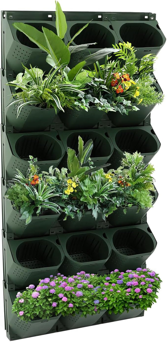 12Pieces 3-Pot Wall Planter Vertical Garden Plant Walls Wall Mounted Vertical Planter with Water-Storage Layer Stackable Wall-Mounted Flower Pot for Gardens, Balconies 180.78lbs Total Capacity (Green)