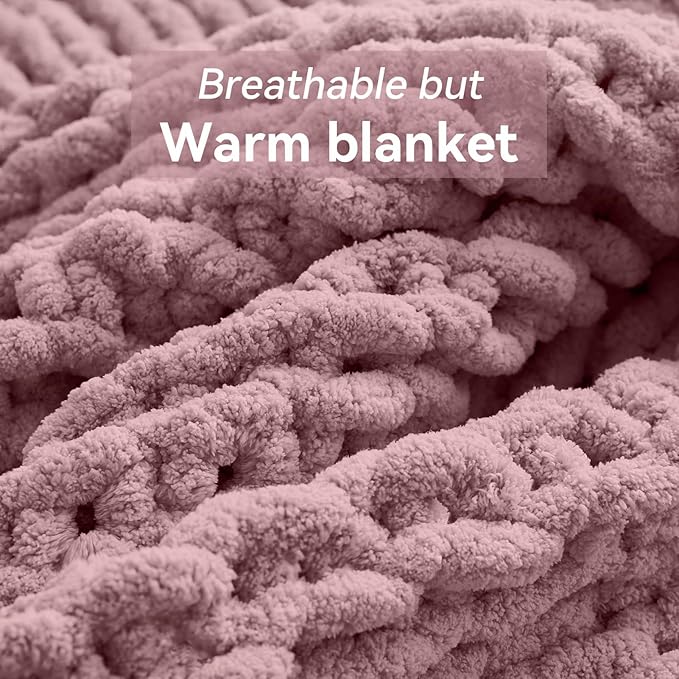 Chunky Knit Throw Blanket, 30''*40'' Knitted Throw Chenille Yarn for Bed Couch, Handmade Muted Pink Crochet Big Thick Blanket, Machine Washable Cute Comfy Blanket for Home Decor