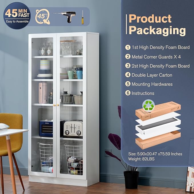 32" Wide Metal Storage Cabinet with Acrylic Doors and 4 Adjustable Shelves, 71" Tall Bookshelf, 5-Tier Freestanding Kitchen Pantry Cabinet with Anti-Tipping for Small Spaces/Kitchen/Living Room