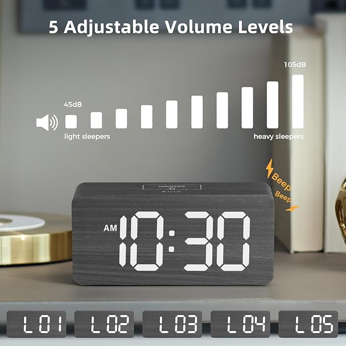 uscce Wooden Digital Alarm Clocks for Bedrooms: Dimmable Dual Alarm Clock with Large Numbers for Bedside Desk - Loud Alarm for Heavy Sleepers with Volume Control - Wood Decor & Gifts