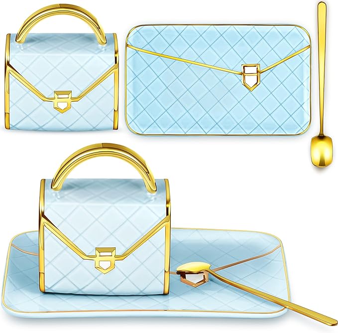 Zubebe 1 Set Coffee Mug Elegant Handbag Shaped Cup Modern Ceramic Purse Mug with Spoon and Saucer, 10oz Cute Creative Tea Cup for Office Home Woman Girls Gift (Blue)