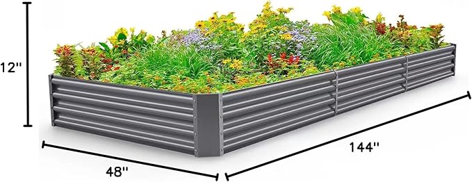 Land Guard 12×4×1ft Galvanized Raised Garden Bed Kit for Vegetables, Galvanized Super Large Metal Planter Raised Garden Boxes Outdoor(359 Gallon Capacity（Grey）…