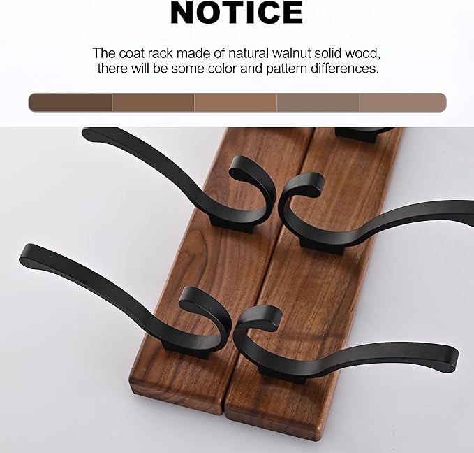 2 Pack 17.3" Small Wooden Coat Rack Wall Mounted with 5 Hooks, Entryway Wall Hooks Coat Hanger for Hanging Towel Clothes Hat Backpack Shoe Purse Key Holder Multi Hook Rail by Black Walnut Wood