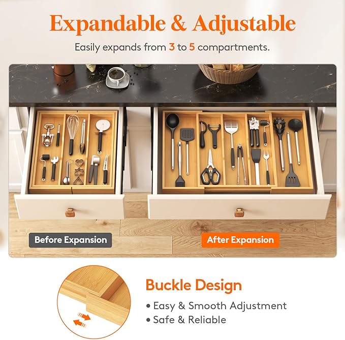 Lifewit Utensil Organizer for Kitchen Drawer, Expandable Cooking Utensil Tray, Bamboo Cutlery Silverware Flatware Holder, Adjustable Spatula Tools Gadget Storage Divider, 28 x18.5 x 2 inches, Natural
