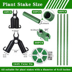 Garden Stakes 60 Pack, 16 Inch Each, DIY 3ft 4ft 5ft 6ft 7ft Sturdy Steel Plant Stakes with 50 Connectors, 30 Rotatable Clips, 10 A-Type Connecting Pipe and 164 Feet Twist Tie for Climbing Plants
