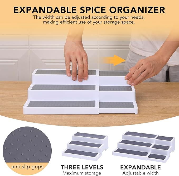 3-Tier Expandable Spice Rack, Plastic Spice Rack Organizer for Cabinet, Adjustable Length, Non-Skid Spice Shelf Organizer for Kitchen Cabinet, Countertop or Pantry, 2 Pack, White/Grey