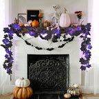 RECUTMS Halloween Maple Leaf Garland with Purple Lights - Black Artificial Leaves Decor for Home Mantle, Stairs, Indoor/Outdoor - 2 Pack