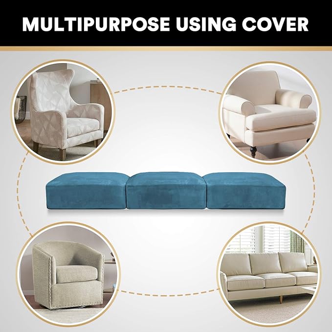 PrinceDeco Couch Cushion Covers, Stretch Washable Sofa Cushion Cover, Fitted Sofa Slipcover Velvet Fabric Non-Slip Furniture Protector for Dog,Pets, Kid (Each Width Up to 29.5", Blue)