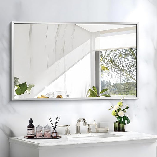 Silver Bathroom Mirror for Wall, 30x48 Inch Rectangle Mirrors with Metal Frame, Modern Vanity Wall Mirror Decor for Bathroom Living Room, Entryway Hangs Horizontal or Vertical