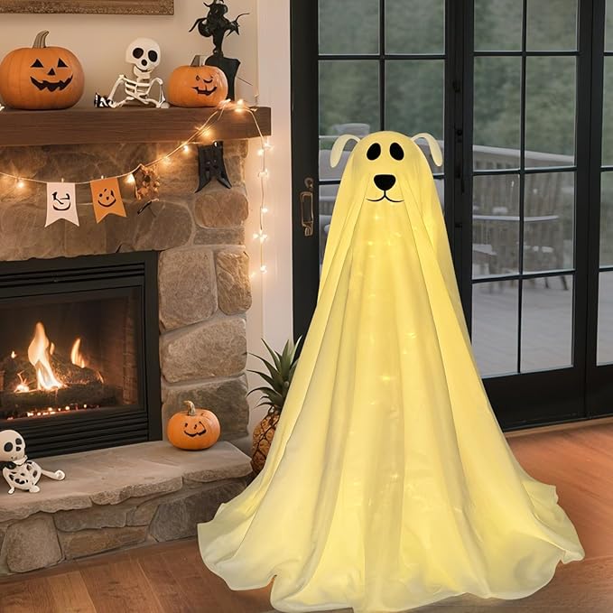 DAZONGE Halloween Decorations, Light-Up Freestanding Spooky Ghost Dog with Remote String Lights Battery Operated, Halloween Ghost Dog for Front Door Porch Yard Lawn Home Party