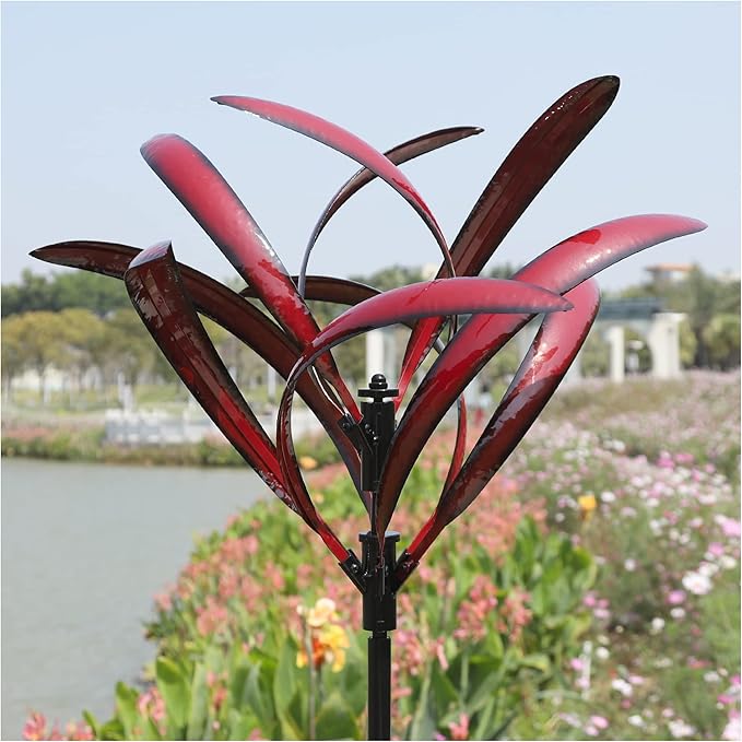82 inch Wind Spinners Outdoor - Extra Large Metal Wind Sculptures & Spinner with Stake, Big Clearance Windmills for The Yard and Garden, Tall Yard Art Decor-Burgundy Red