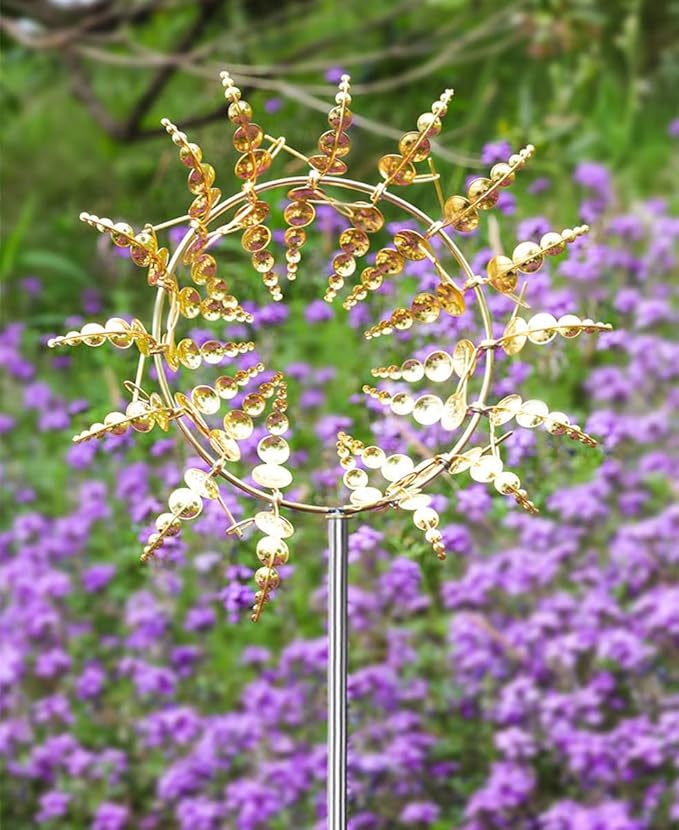 Unique and Magical Metal Windmill, 2Pcs Wind Spinners, 3D Wind Powered Kinetic Sculpture, Stainless Steel Wind Spinners, Wind Mill for Yard and Garden (2PCS-Golden)