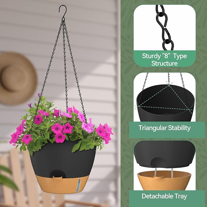 ZMTECH 12 Inch Hanging Planters for Indoor Outdoor Plants, 2 Pack Self Watering Hanging Plant Pots with Drainage Hole, Visual Reservoir, Plastic Flower Hanging Pots with Watering Lip (Black)