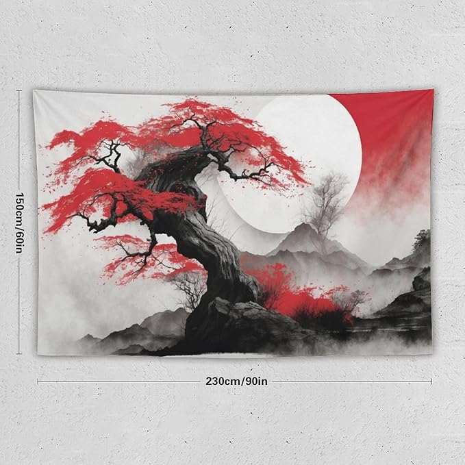 Cherry Blossoms Tapestry, Japanese Red Landscape Asian Watercolor Abstract Art, Bedroom Living Room Decor 90"x60"