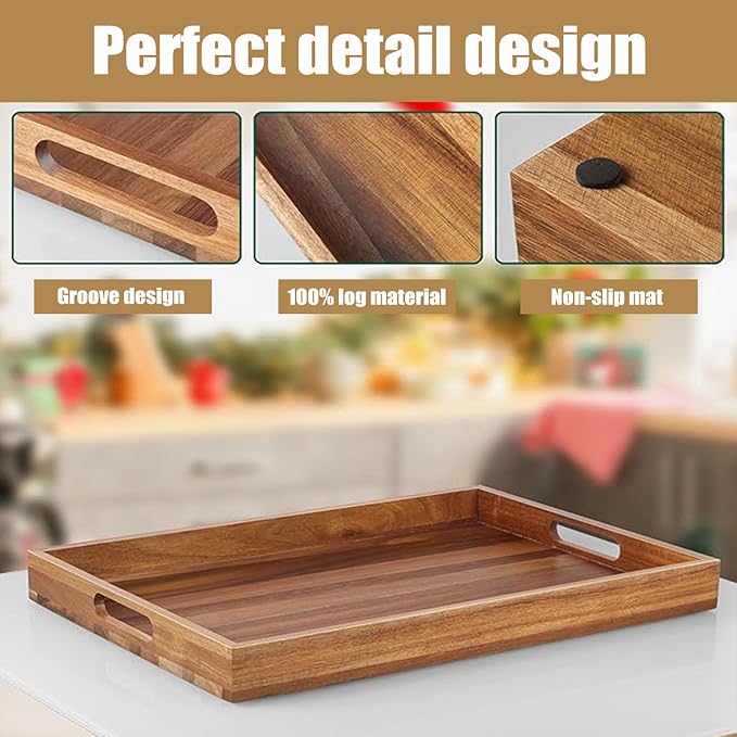 Acacia Wood Serving Tray with Handles - 17-Inch Large Wooden Tray for Ottoman - Perfect for Breakfast, Lunch, Dinner, Appetizers, Patio, Ottoman, Coffee Table,BBQ, Party – Great for Lap &Couch ﻿