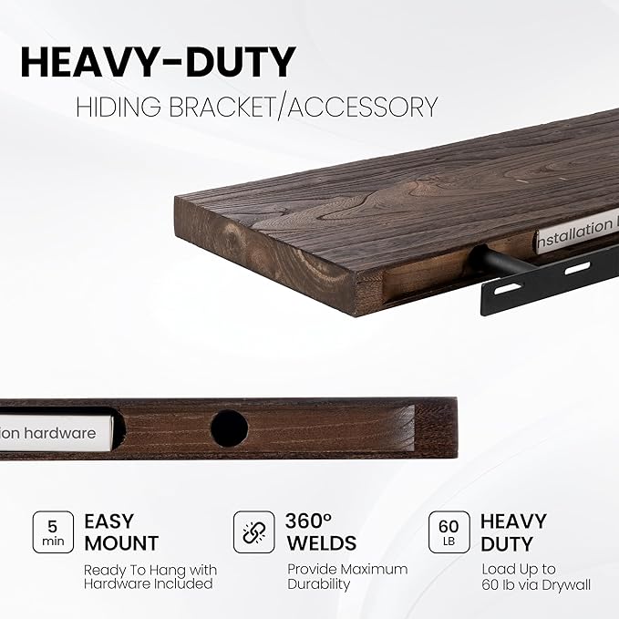 Fun Memories Solid Elm Wood Floating Shelves, 42 Inch Floating Shelves for Wall, Wall-Mounted Live Edge Wooden Shelves with Invisible Heavy-Duty Brackets for Books, Bathroom, Kitchen, Walunt Finish
