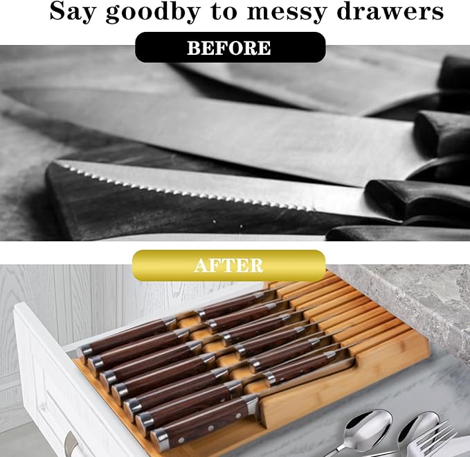 Bamboo Kitchen Drawer Knife Block, In drawer Knife Holder, Knife Drawer Organizer fit for 13 knives