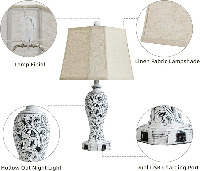 25'' Farmhouse Table Lamps Set of 2 for Living Room Bedroom, 2 USB Ports Rustic Vintage Nightstand Table Lamp with Nightlight, Hollow Out Resin Lamp for End Table (Bulbs Included)