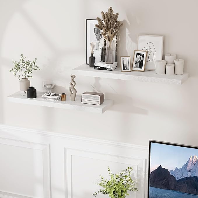 Fun Memories White Floating Shelves 36 Inch Long, 9 Inch Deep Wall Shelves Set of 2, 36 x 9 Floating Shelf for Wall, Rustic Wood Floating Shelves for Kitchen, Living Room, Bedroom