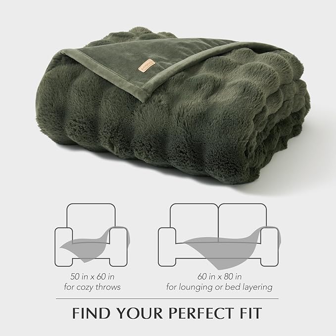 EVERGRACE Ultra Soft Luxury Fluffy Ridgeline Faux Rabbit Fur Throw Blanket, Thick Warm Bubble Throw for Bed, Cozy Plush Reversible Blankets for Couch, Chair, Sofa, Green, 60x80 Inches, 870 GSM