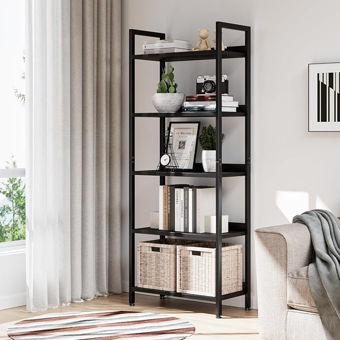 NUMENN Bookshelf, 5 Tier Bookshelves, Home Office Bookcase Shelf Storage Organizer, Free Standing Storage Shelving Unit for Bedroom, Living Room and Home Office, Carbon Fibre