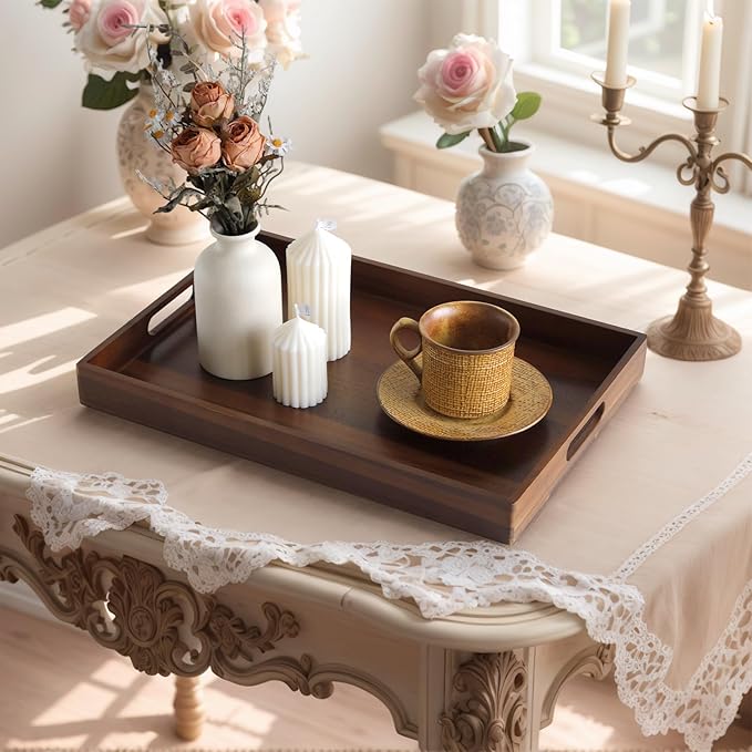 Acacia Wood Serving Tray with Handles, 17 Inch Wooden Tray for Ottoman, Breakfast, Lunch, Dinner, Decorative Rectangular Tray for Living Room, Kitchen Counter, Outdoor