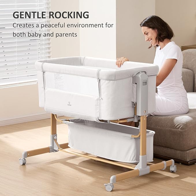 3 in 1 Baby Bassinet, Rocking Bassinet, Bedside Bassinet, 6-Height Adjustable, Bassinet Bedside Sleeper, Bedside Bassient for Baby with Comfy Mattress, Breathable Mesh, Large Storage Basket