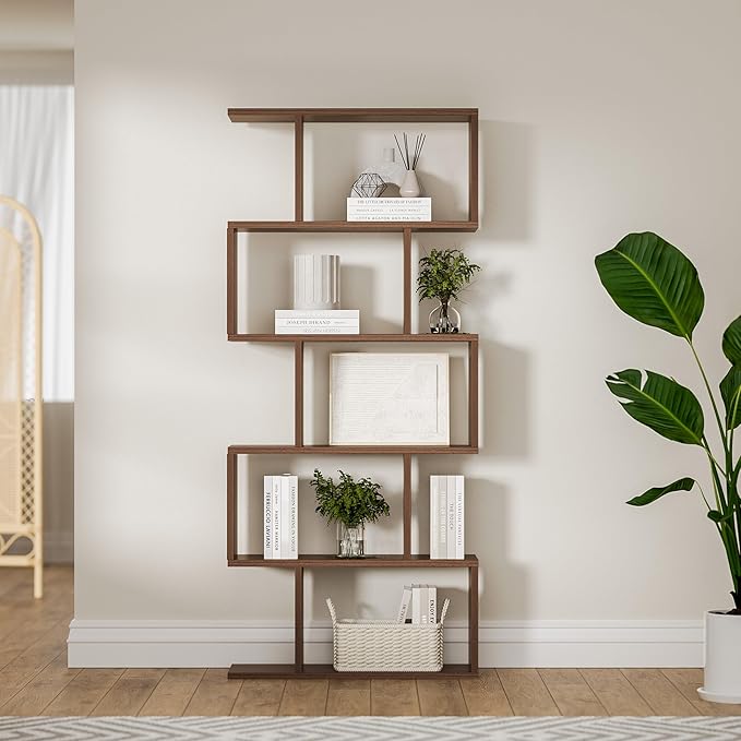 Brown 5-Tier Geometric Bookcase, S-Shaped Modern Bookshelf Set of 2, 62.6" Tall Room Divider Book Shelf, Decorative Display Shelf