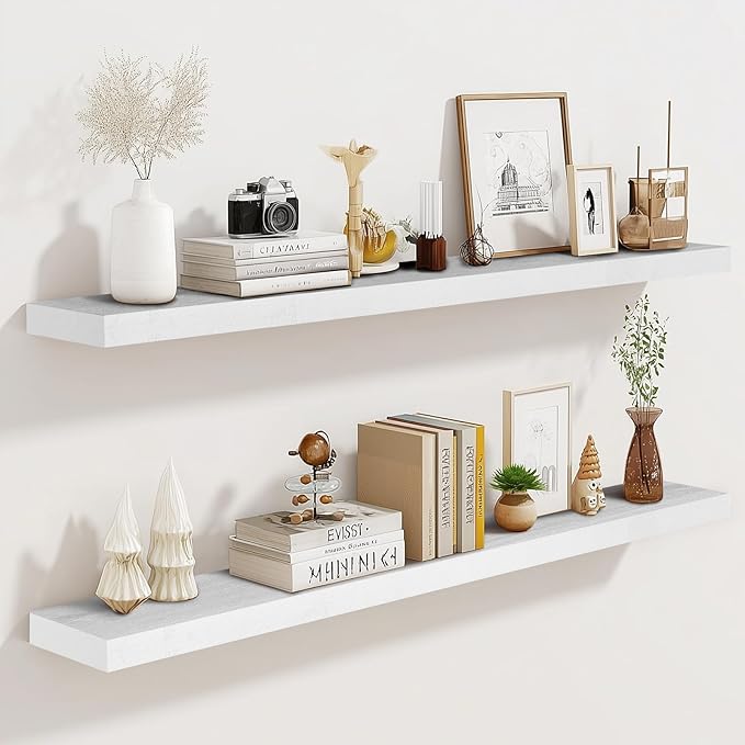 36"x6.8"x1.2" Solid Wood Floating Shelves 2-Pack - Rustic White Finish with Hidden Brackets, Perfect for Storage and Décor in Living Room, Kitchen, Bedroom