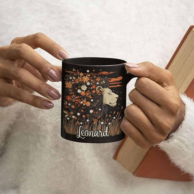 Personalized Lion Lover Cup with Vibrant Floral, Custom Name Coffee Mug 11oz or 15oz, Custom Nature Inspired Ceramic Cup, Artistic Lion Black Coffee Mug, Gifts for Women, Men