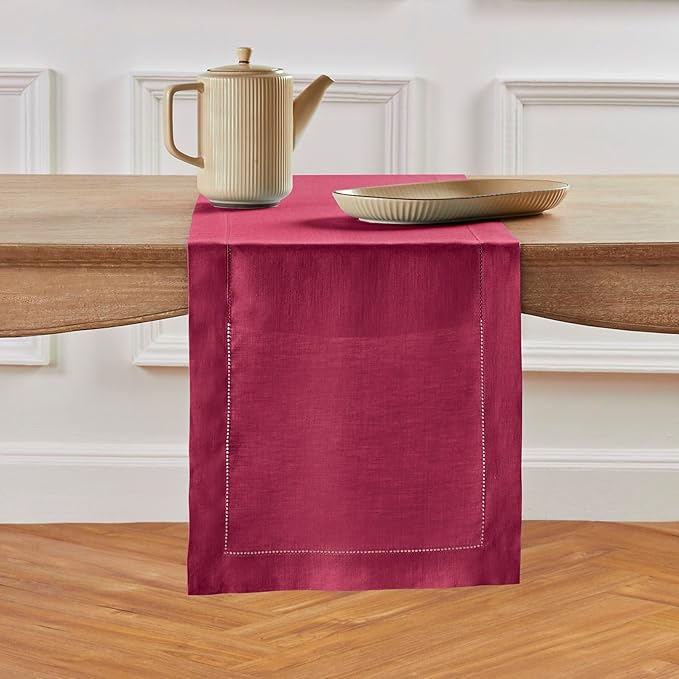 Solino Home Linen Table Runner 60 Inches - 100% Pure Linen Beet Hemstitch Table Runner 14 x 60 Inch Ideal for Dresser and Coffee Tables - Fall, Autumn, Thanksgiving - Classic Hemstitch
