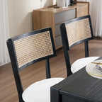 Rattan Dining Chairs Set Of 2 , Mid Century Modern Black Wooden Cane Back Chairs with Removable Sherpa Cushion , Retro Farmhouse Upholstered Kitchen & Dining Room Chairs for Restaurant Living Room