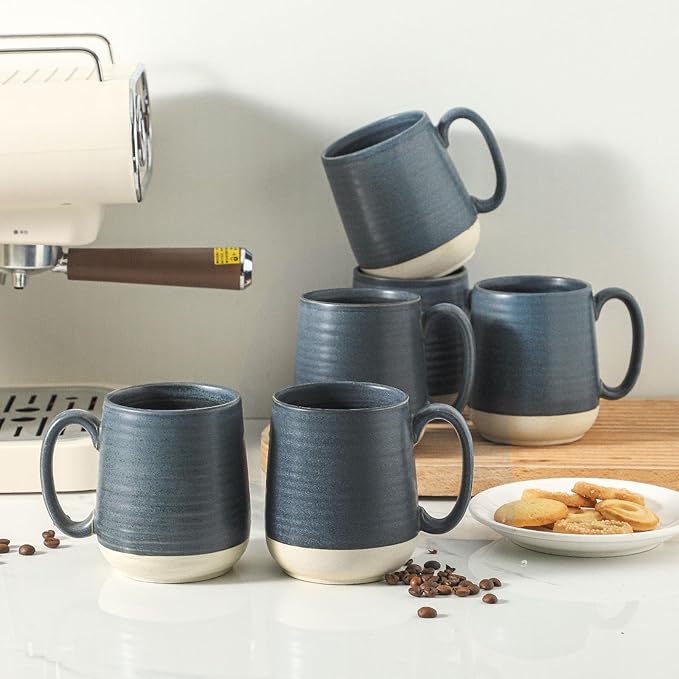 Hasense Porcelain Coffee Mugs Set of 6, 15 Ounce Large Ceramic Coffee Cups Set with Handle for Latte, Tea, Cocoa and Hot Chocolate, Dark Blue Coffee Mugs for Men and Women, Microwave Safe